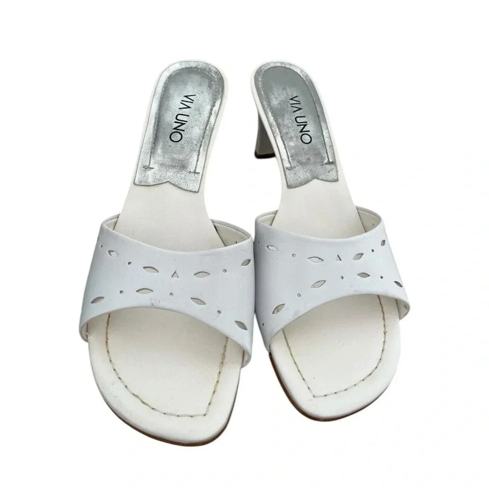 Via Uno White Cut-Out Mule Sandals Slip-On Heels Size 7